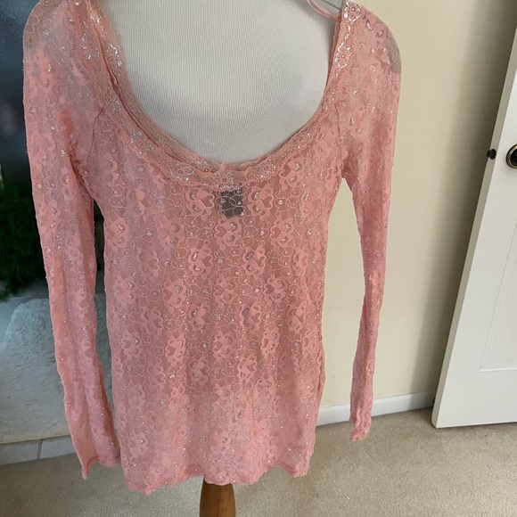 FREE PEOPLE PINK LACY LAYERING TOP WITH LONG SLEEVES MEDIUM - Picture 6 of 12